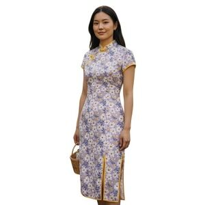 Vintage Lark & Peony‎ Floral Print Cheongsam Dress Style Mandarin Collar